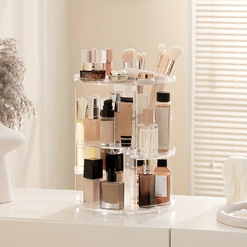 360° Rotating Makeup Organizer - Transparent Vanity Shelf with Multi-Tiered Compartments, Space-Saving Cosmetic Storage for Bathroom, Desk, Dressing Table - Heavy-Duty Plastic Construction, Easy-Clean Vanity Tray, Makeup Vanity Desk, Sleek Beauty Holder,