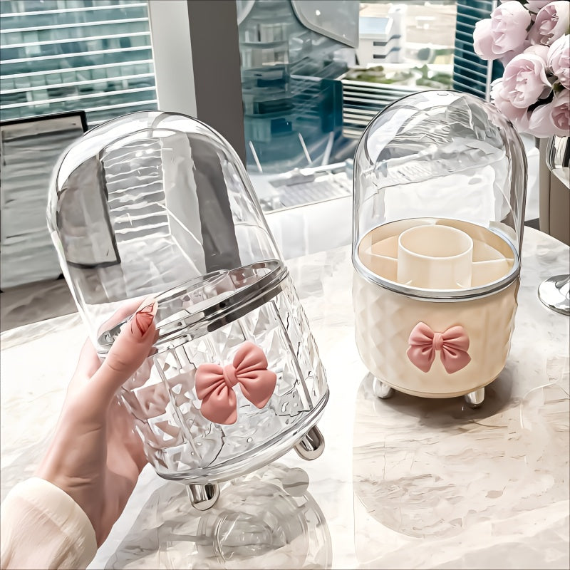 360-Degree Rotating Makeup Organizer with Clear Lid - Bathroom Vanity Organizer, Space-Saving Countertop Storage for Makeup Brushes, Lipstick, Eyeliner - No Power Needed, Durable Plastic Construction - Perfect for Home or, Decorative Bow Accent, Sturdy