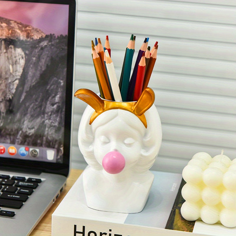 1pc Cute Bubble-Blowing Girl Desk Organizer - Elegant White & Golden Accent Pen Holder, Makeup Brush Storage, Decorative Office & Home Decoration - Perfect Gift for Women, Girls, Teachers, Students - Birthday, Valentine's, Easter Present - Stable Base for