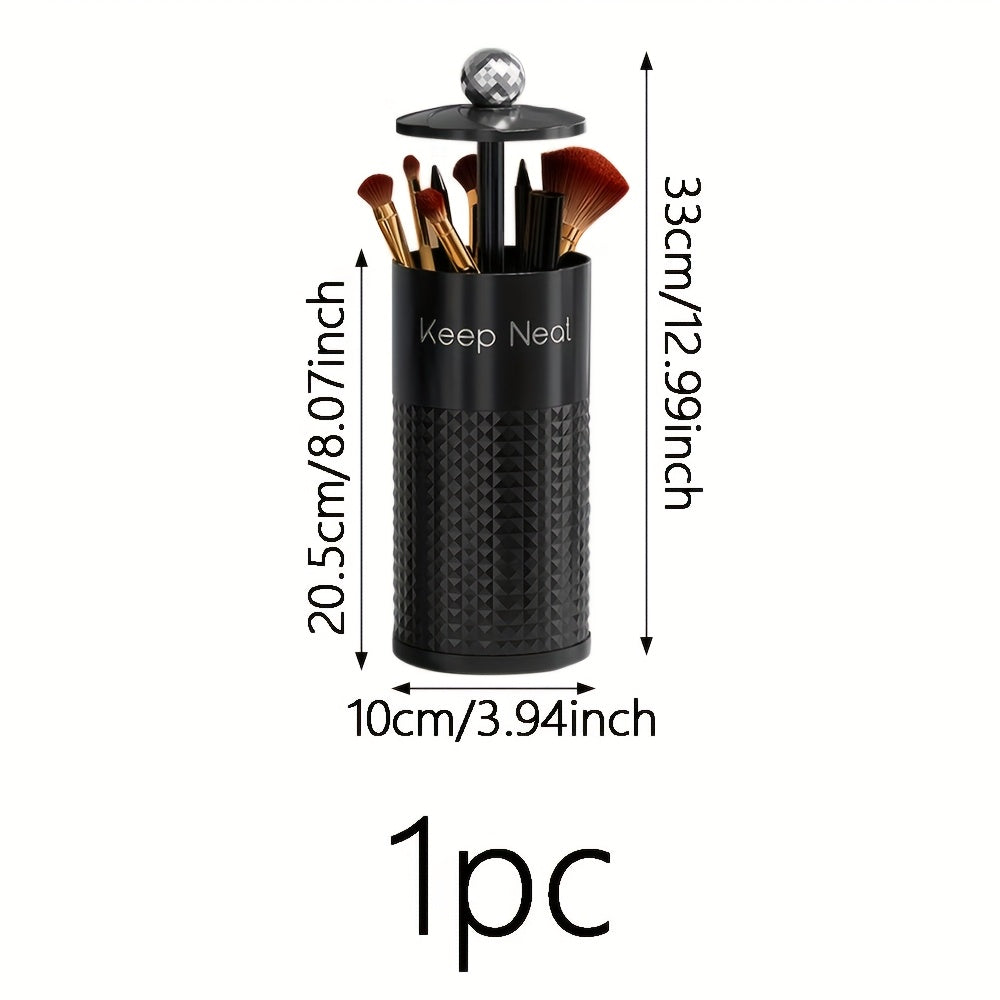 1pc Automatic Pop-Up Cosmetic Organizer with Dust-Proof Lid - Durable Plastic Makeup Brush Holder for Vanity & Bathroom Countertop, Black & White Brush Storage Tubes, No Power Needed, Makeup Vanity Desk, Sleek Design, Sturdy Construction, Beauty