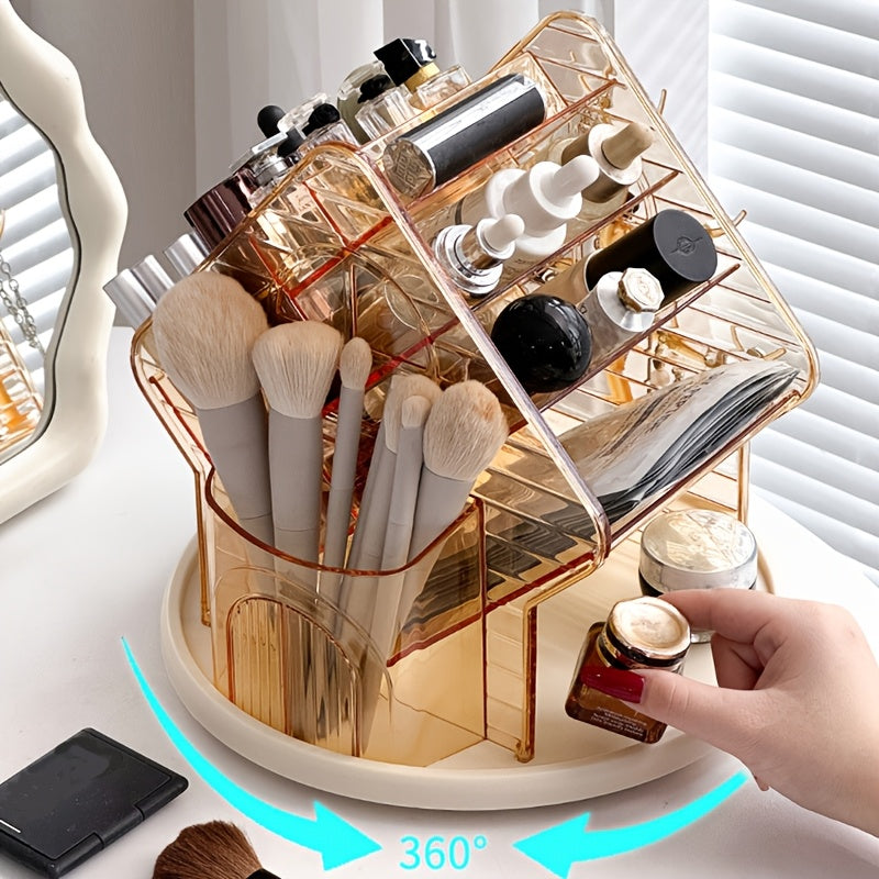 Faridabio 360-Degree Rotating Makeup Organizer with Brush Holder - Freestanding Vanity Cabinet, Heavy-Duty Clear Plastic Construction, Space-Saving Bathroom Storage for Makeup, Jewelry, Beauty Products - No Assembly Needed, Modern Vanity Organizer, Makeup