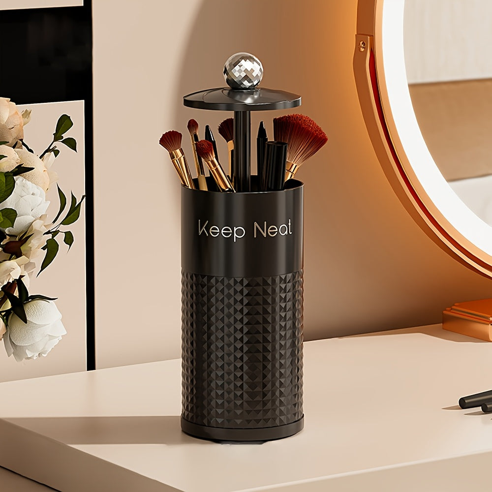 1pc Automatic Pop-Up Cosmetic Organizer with Dust-Proof Lid - Durable Plastic Makeup Brush Holder for Vanity & Bathroom Countertop, Black & White Brush Storage Tubes, No Power Needed, Makeup Vanity Desk, Sleek Design, Sturdy Construction, Beauty