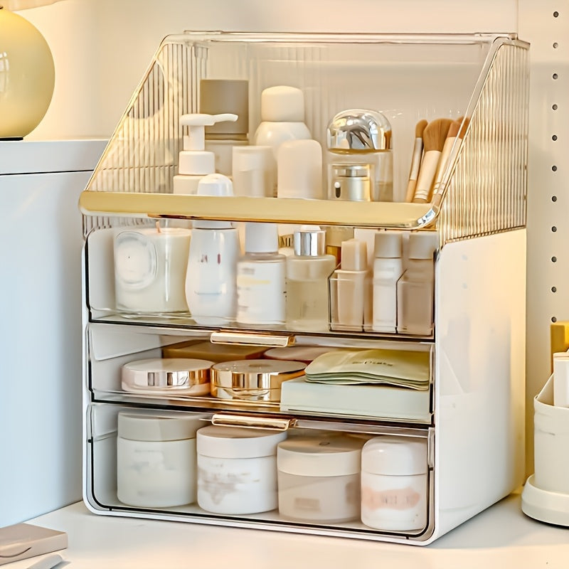 1pc Large Capacity Clear Cosmetic & Perfume Organizer - Transparent Makeup Brush Holder with Multiple Compartments, Lightweight Polished Bathroom Countertop Storage Box for Women & Men, No Assembly Needed