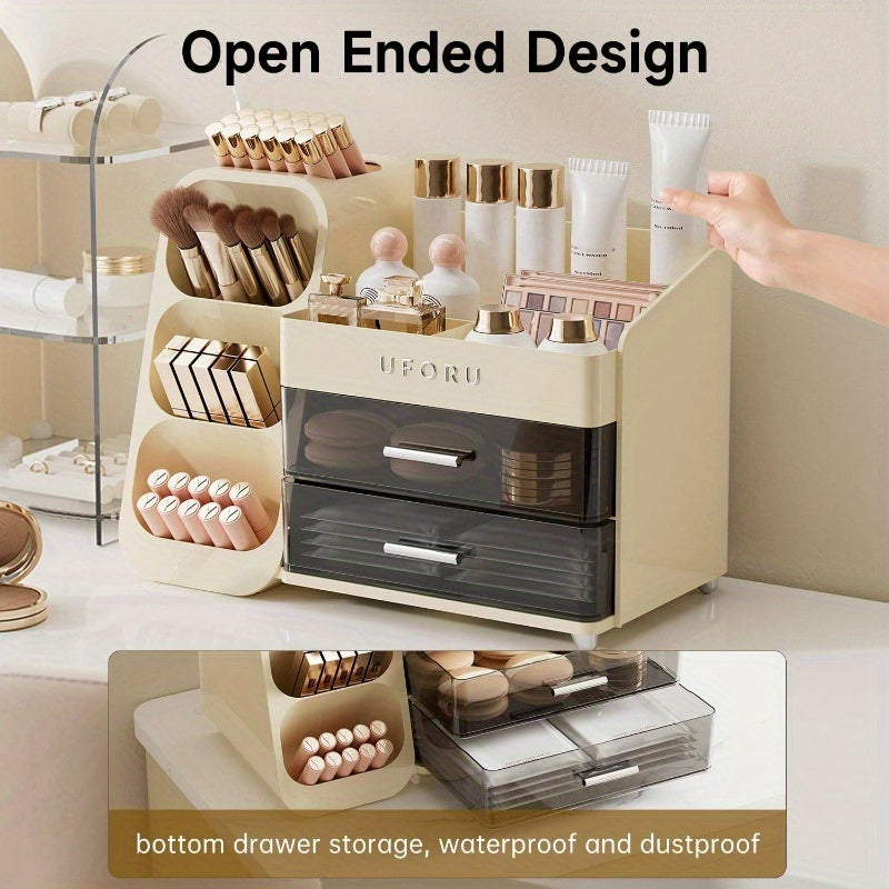 Makeup Organizer Vanity with Brush Holder, Countertop Organizer with 2 Drawers, Spacious Cosmetic Display Beauty Essential, Skincare, Lipstick, Makeup Organizer with Mirror, Cosmetics Storage Organizer, Makeup Storage Box, Makeup Organizers And Storage,
