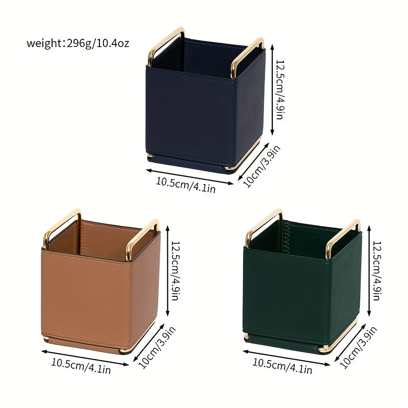 [1pc Faux Leather Storage] 1pc Lightweight Faux Leather Storage Tube | Makeup Brush Organizer, Vanity Eyebrow and Eyeshadow Brush Holder, Metal Frame Leather Pen Case, Desktop Remote Control Key Storage Box, Stylish Square Storage Box, Multifunctional