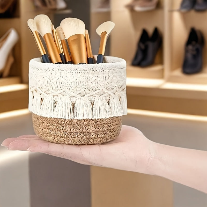 SENDPISTIL Vintage Round Woven Desktop Storage Basket with Fringe - Natural Fabric Makeup Brush Organizer for Vanity, Bathroom & Desk - Decorative Cosmetic Accessories Organizer, Shelf Baskets