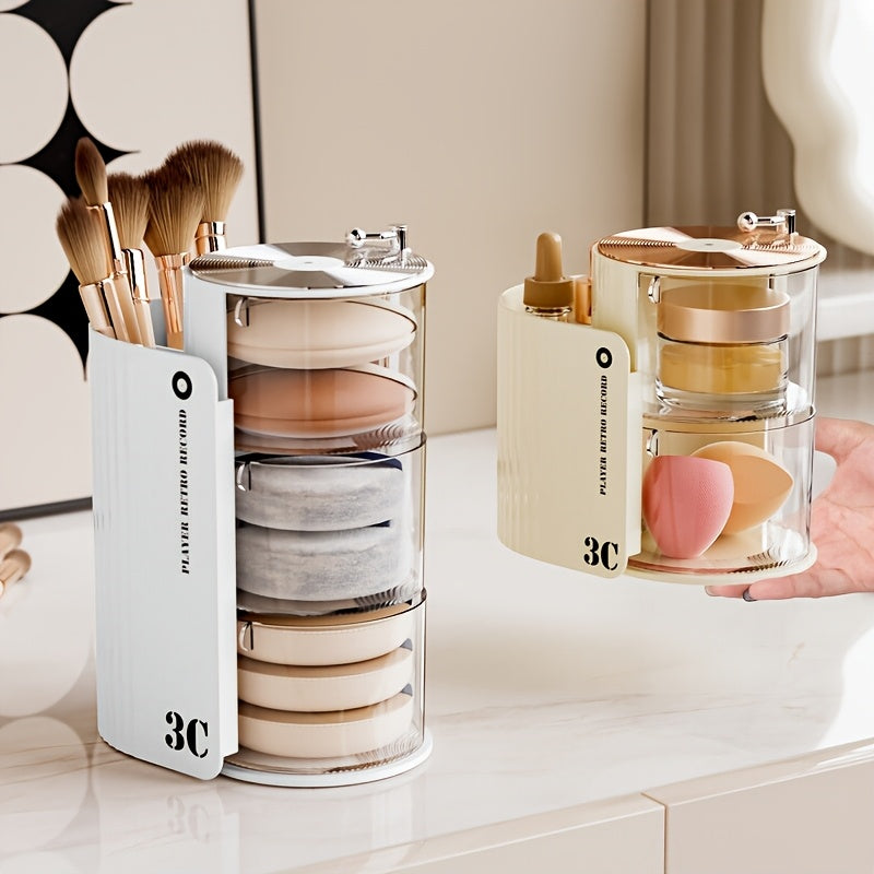 Luxury 3C Rotating Makeup Brush & Puff Storage Box - Dustproof Multi-Layer Design, Independent Smooth Surface Desk Organizer for Dressing Table, Bathroom, Office & Home Use, Countertop Mounting, No Electricity Needed, Countertop Organizer|Sleek