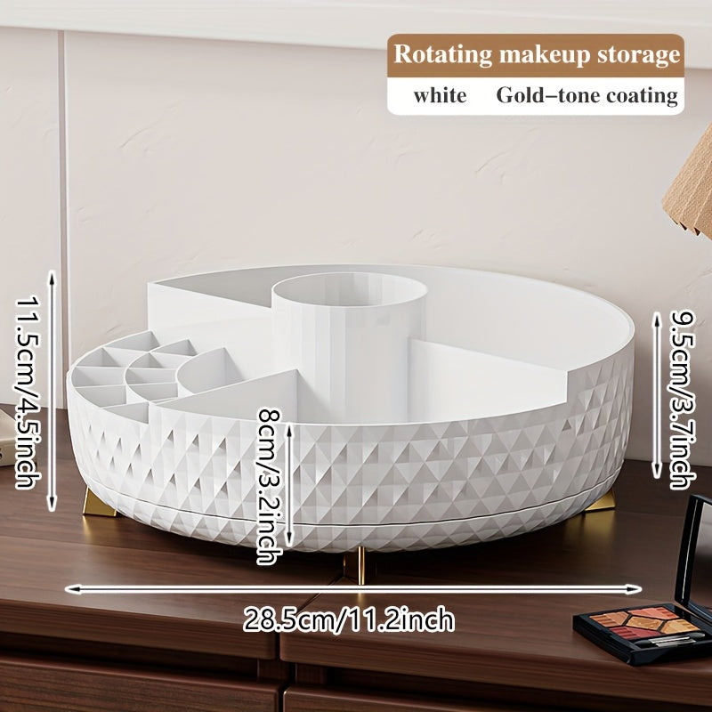 1pc High-End Rotating Makeup Organizer - 11.2" Diamond-Pattern Cosmetic Storage Container with Multiple Compartments, Durable Plastic Vanity Organizer for Lipstick, Skincare & Brushes, Freestanding Bathroom Countertop Display, Valentine's Day Gift,