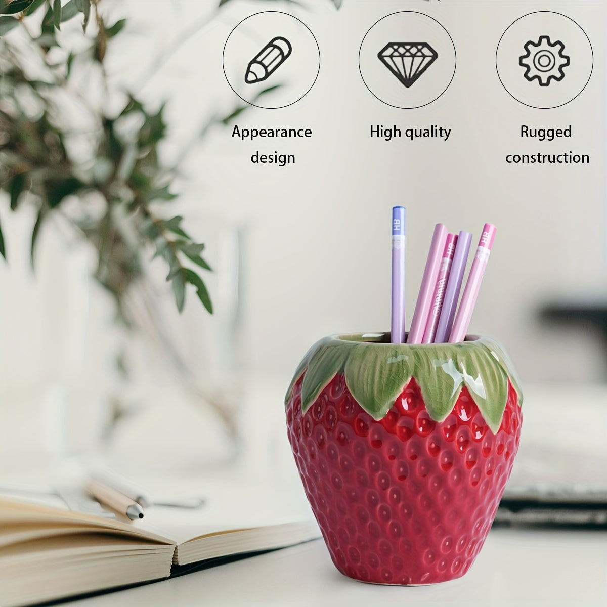 Strawberry Ceramic Pen Holder, Multifunctional Desktop Organizer, Storage Pen Holder, Makeup Brush Storage Holder, Office Desk Pen Holder, Living Room And Bedroom Decoration Ornaments