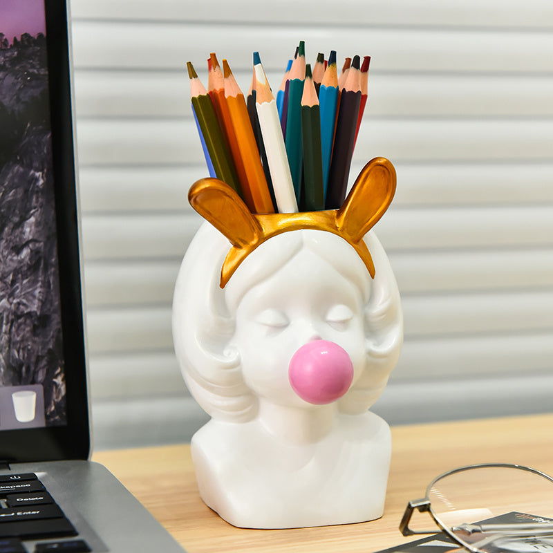 1pc Cute Bubble-Blowing Girl Desk Organizer - Elegant White & Golden Accent Pen Holder, Makeup Brush Storage, Decorative Office & Home Decoration - Perfect Gift for Women, Girls, Teachers, Students - Birthday, Valentine's, Easter Present - Stable Base for