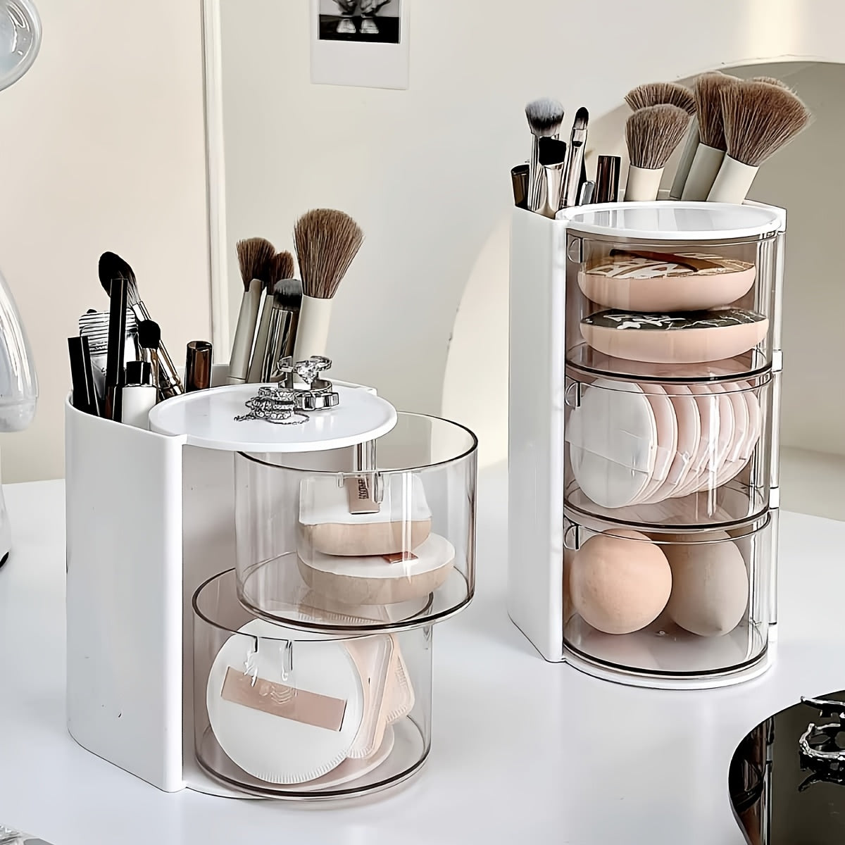 1pc Multi-Layer Rotating Makeup Organizer - White/Pink Cosmetic Storage Box with Drawers, Ideal for Powder, Eyeshadow, Makeup Brushes | Sleek Desktop Organizer for Home Decor, Vanity Display, Makeup Brushe, Desk & Drawer Organizer for Home Storage