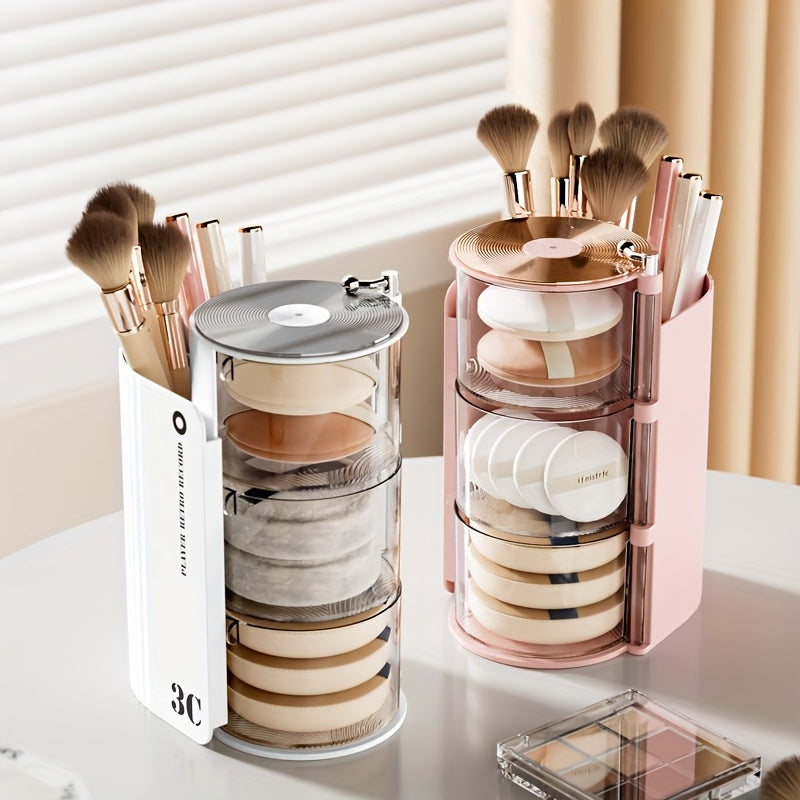 Luxury 3C Rotating Makeup Brush & Puff Storage Box - Dustproof Multi-Layer Design, Independent Smooth Surface Desk Organizer for Dressing Table, Bathroom, Office & Home Use, Countertop Mounting, No Electricity Needed, Countertop Organizer|Sleek