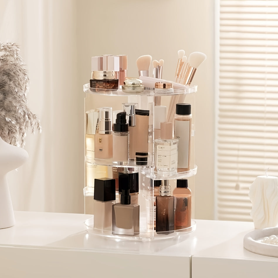 360° Rotating Makeup Organizer - Transparent Vanity Shelf with Multi-Tiered Compartments, Space-Saving Cosmetic Storage for Bathroom, Desk, Dressing Table - Heavy-Duty Plastic Construction, Easy-Clean Vanity Tray, Makeup Vanity Desk, Sleek Beauty Holder,