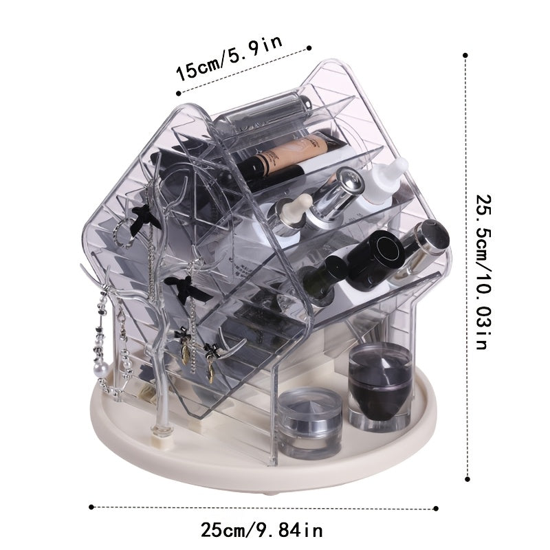 Faridabio 360-Degree Rotating Makeup Organizer with Brush Holder - Freestanding Vanity Cabinet, Heavy-Duty Clear Plastic Construction, Space-Saving Bathroom Storage for Makeup, Jewelry, Beauty Products - No Assembly Needed, Modern Vanity Organizer, Makeup