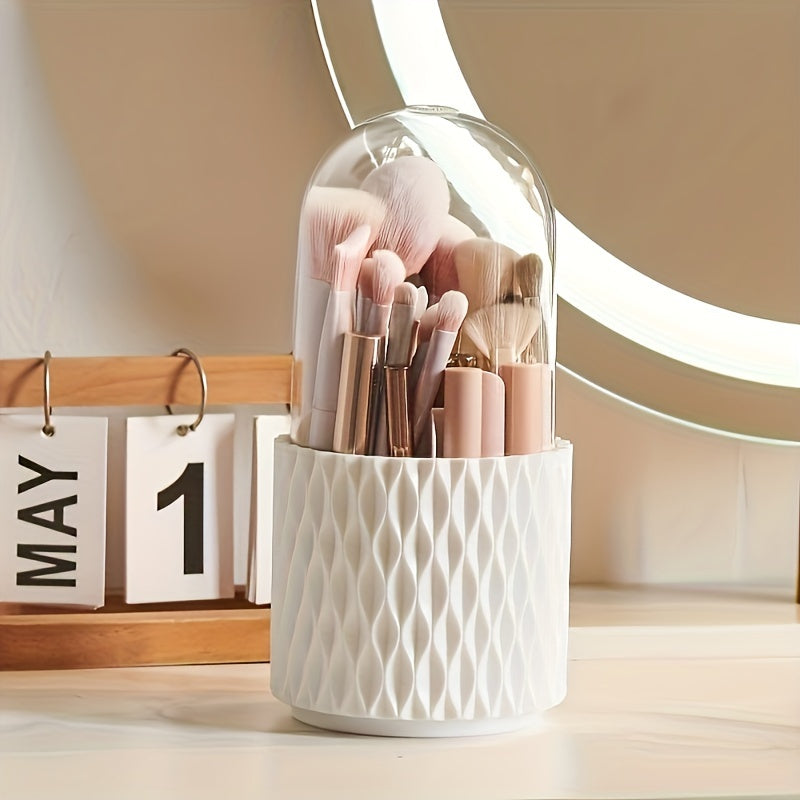 360° Rotating Makeup Brush Holder with Transparent Dome Lid - Dustproof & Waterproof White Hexagonal Organizer, Spacious Countertop Storage for Brushes & Skincare Products, Durable Plastic Vanity Organizer with 360° Spin, No Power Required, Bathroom &