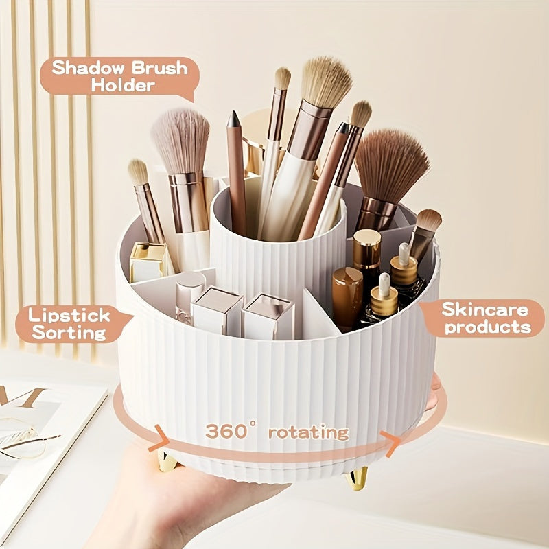 360-Degree Rotating Makeup Organizer with 5 Compartments - a Durable Plastic Storage Box for Brushes, Lipsticks, Skincare Products, And Stationery - a Multifunctional Desktop Organizer with a Protective Chrome Stand.
