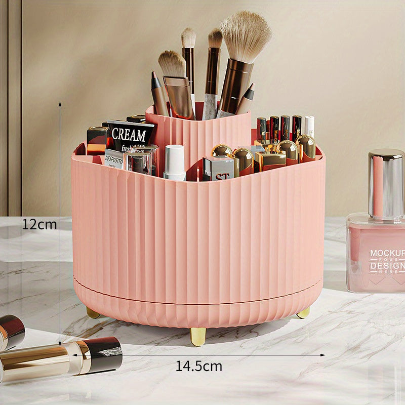 360-Degree Rotating Makeup Organizer with 5 Compartments - a Durable Plastic Storage Box for Brushes, Lipsticks, Skincare Products, And Stationery - a Multifunctional Desktop Organizer with a Protective Chrome Stand.