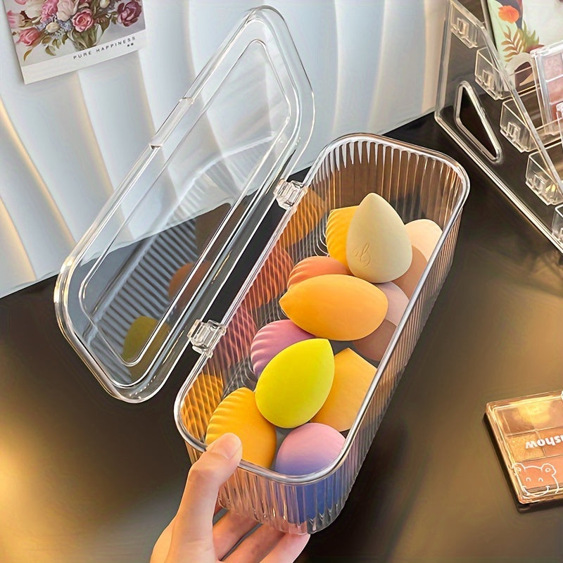 1PC Clear Plastic Makeup Organizer Case with Lid, Countertop Cosmetic Storage Box for Brushes, Beauty Sponges, Puff | Dust-Proof, Lightweight, No Electricity Needed, Weatherproof, Under 3.2 Cubic Feet & 27 Inches Tall, Holds <30 Lbs