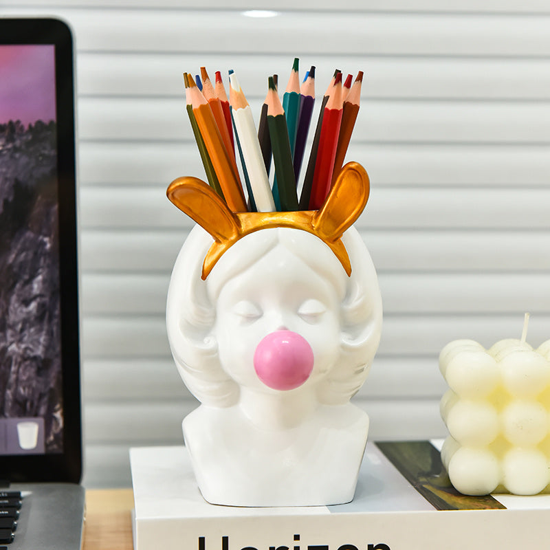 1pc Cute Bubble-Blowing Girl Desk Organizer - Elegant White & Golden Accent Pen Holder, Makeup Brush Storage, Decorative Office & Home Decoration - Perfect Gift for Women, Girls, Teachers, Students - Birthday, Valentine's, Easter Present - Stable Base for