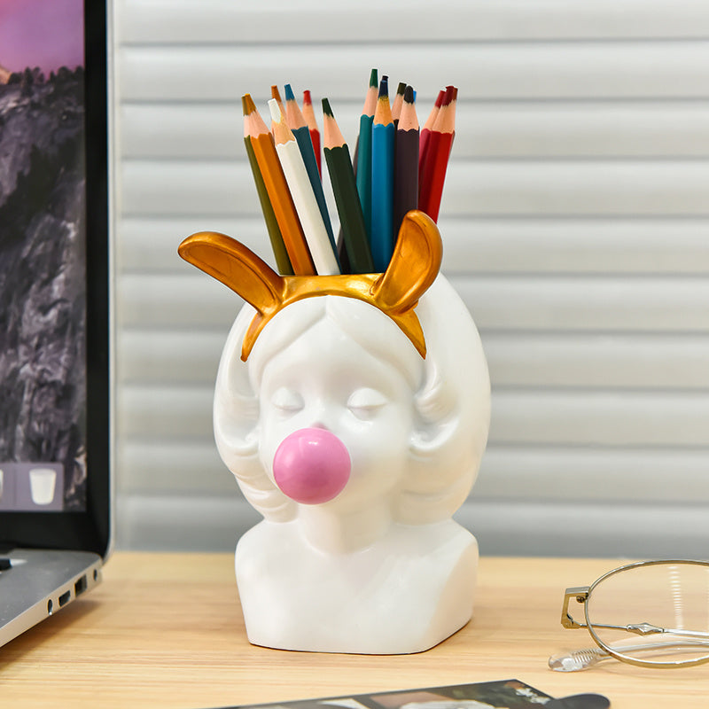 1pc Cute Bubble-Blowing Girl Desk Organizer - Elegant White & Golden Accent Pen Holder, Makeup Brush Storage, Decorative Office & Home Decoration - Perfect Gift for Women, Girls, Teachers, Students - Birthday, Valentine's, Easter Present - Stable Base for