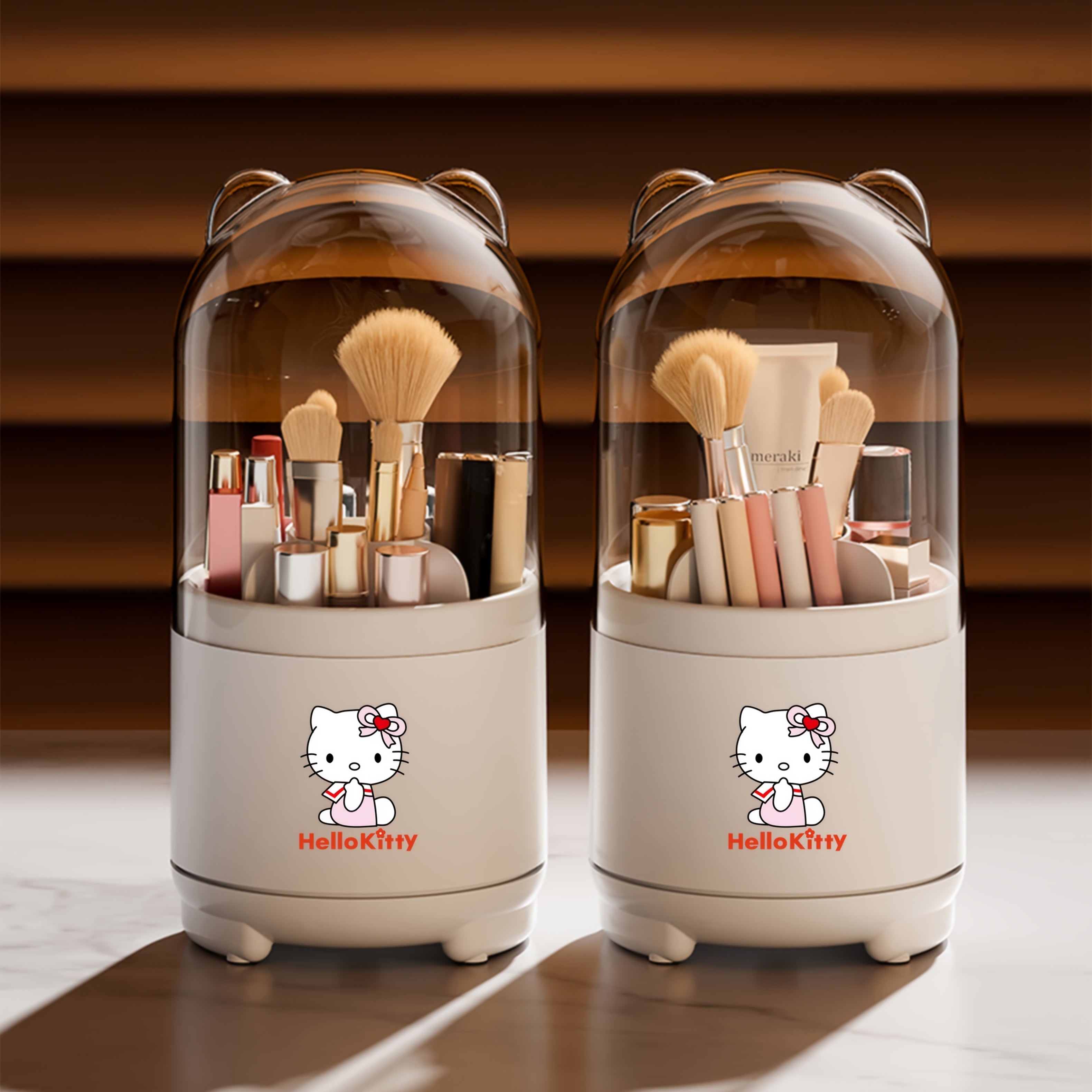Sanrio for hello kitty 360° Rotating Makeup Brush Organizer with Transparent Lid - Cute Polished White & Pink Design, Dustproof & Moisture-Resistant Desktop Storage Box for Bathroom Vanity, Makeup Brushes for Vanity, Playful Character Decor