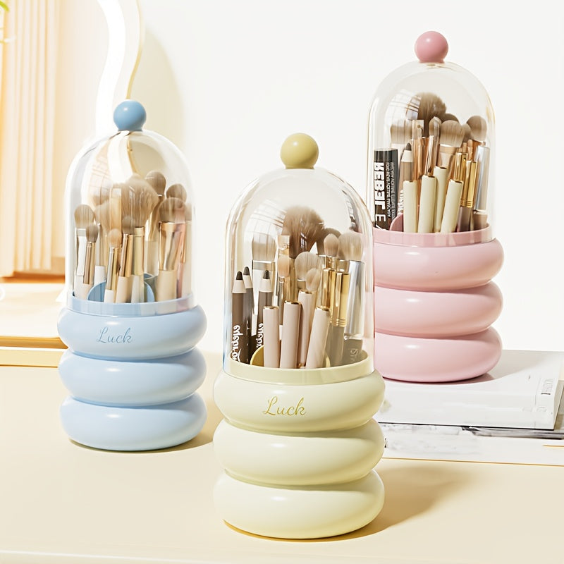 1pc Rotating Makeup Organizer with Brush Holder - Multi-Compartment Cosmetic & Office Storage Box, Durable Plastic Countertop Organizer for Bathroom, Vanity, Desk - Space-Saving Design for Pens, Brushes, Toothbrushes, Makeup Brushes, Makeup Vanity Desk,