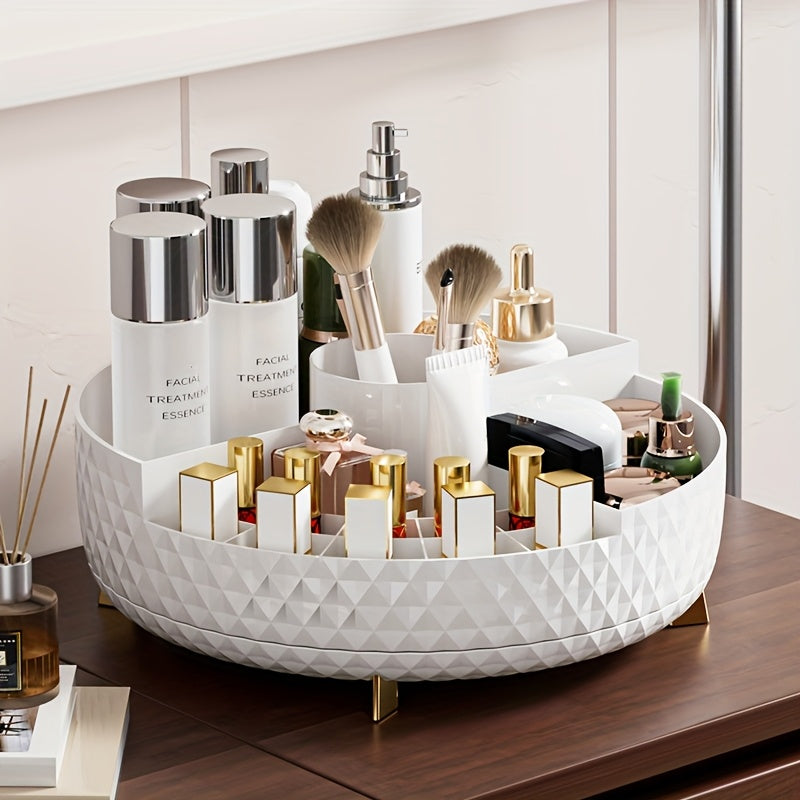 1pc High-End Rotating Makeup Organizer - 11.2" Diamond-Pattern Cosmetic Storage Container with Multiple Compartments, Durable Plastic Vanity Organizer for Lipstick, Skincare & Brushes, Freestanding Bathroom Countertop Display, Valentine's Day Gift,
