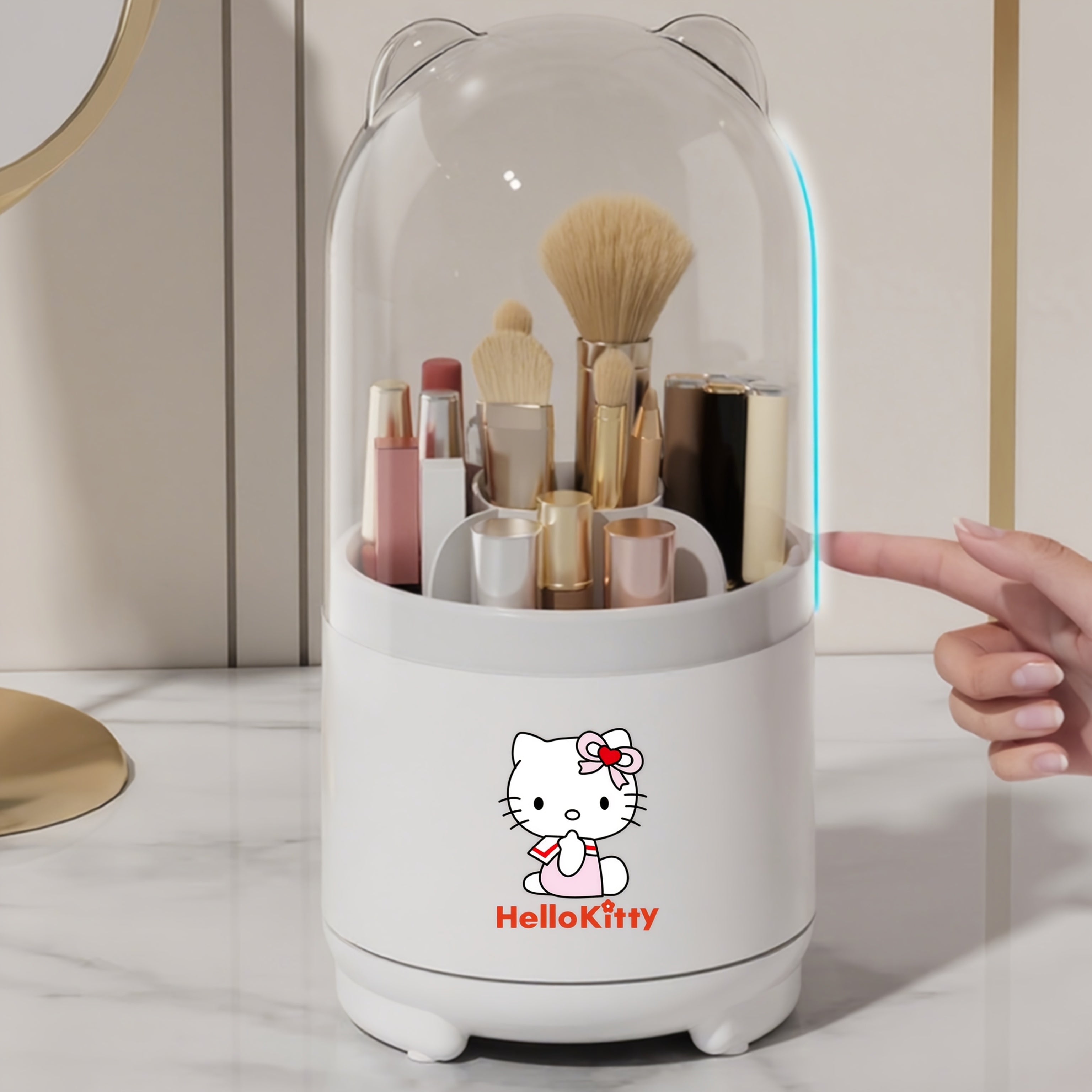 Sanrio for hello kitty 360° Rotating Makeup Brush Organizer with Transparent Lid - Cute Polished White & Pink Design, Dustproof & Moisture-Resistant Desktop Storage Box for Bathroom Vanity, Makeup Brushes for Vanity, Playful Character Decor