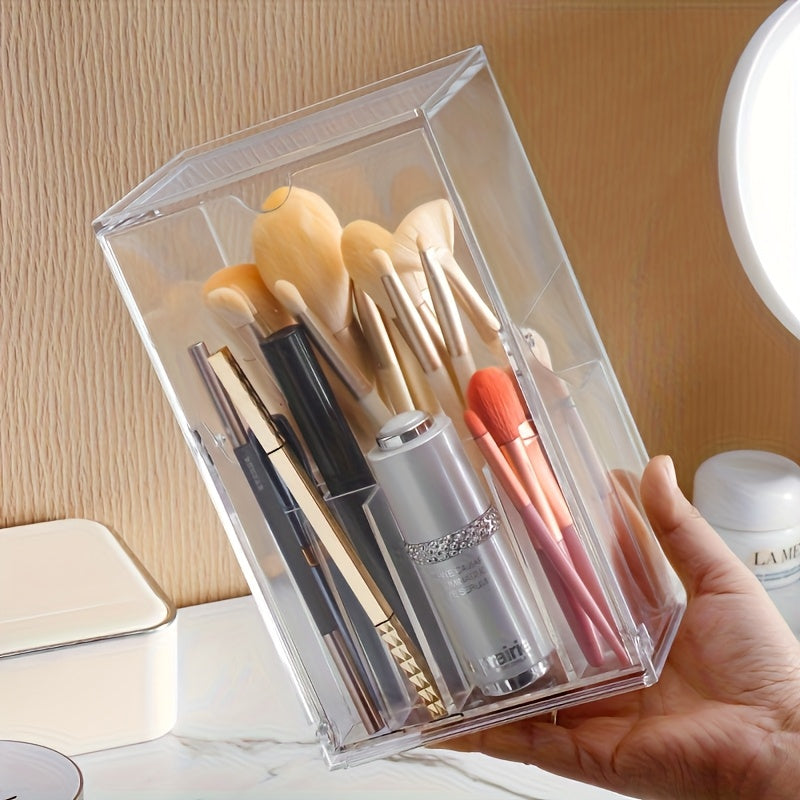 Clear Makeup Brush Organizer with Lid - Transparent Cosmetic Storage Box, Vanity Organizer with Dustproof Cover, Bathroom Countertop Organizer for Professional or Home Use, Space-Saving Makeup Display Case, Makeup Vanity Desk, Durable Plastic Material