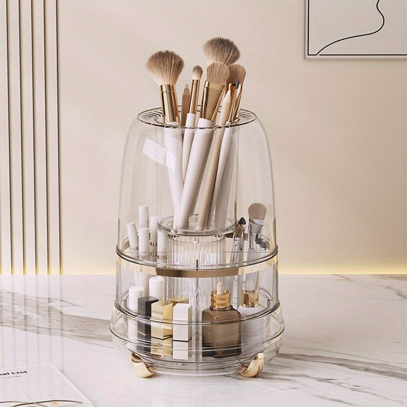 Premium Rotating Makeup Carousel - Crystal Clear Cosmetic Organizer with Sealed Cover | Precision Compartments for Brushes, Lipsticks & Brow Pencils, Luxe Vanity Centerpiece