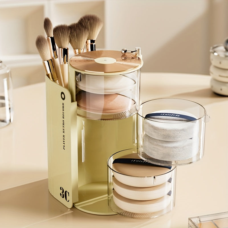 Luxury 3C Rotating Makeup Brush & Puff Storage Box - Dustproof Multi-Layer Design, Independent Smooth Surface Desk Organizer for Dressing Table, Bathroom, Office & Home Use, Countertop Mounting, No Electricity Needed, Countertop Organizer|Sleek
