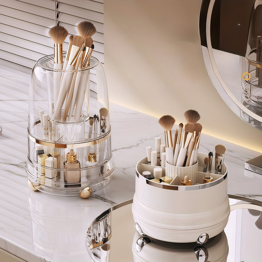 Premium Rotating Makeup Carousel - Crystal Clear Cosmetic Organizer with Sealed Cover | Precision Compartments for Brushes, Lipsticks & Brow Pencils, Luxe Vanity Centerpiece
