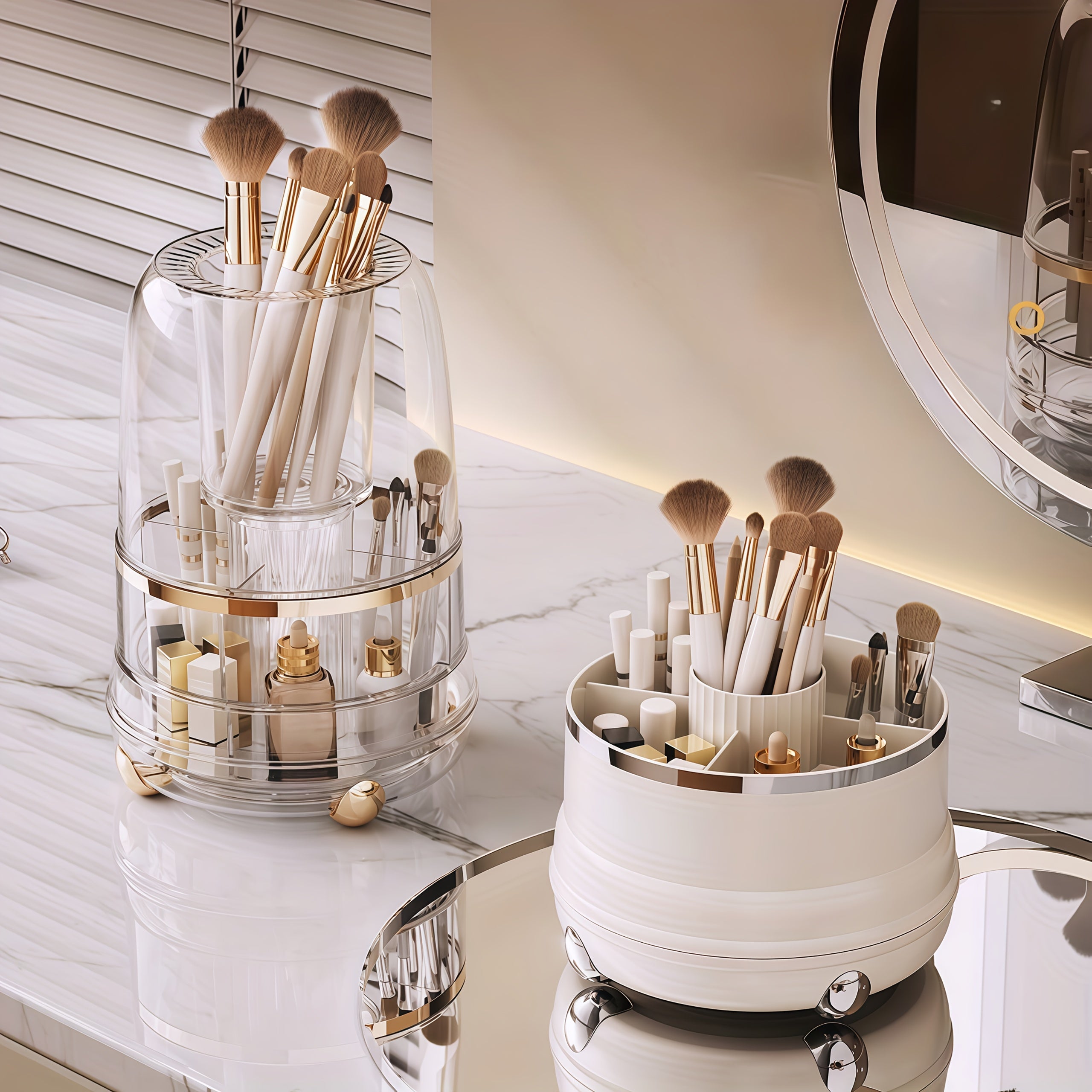Premium Rotating Makeup Carousel - Crystal Clear Cosmetic Organizer with Sealed Cover | Precision Compartments for Brushes, Lipsticks & Brow Pencils, Luxe Vanity Centerpiece