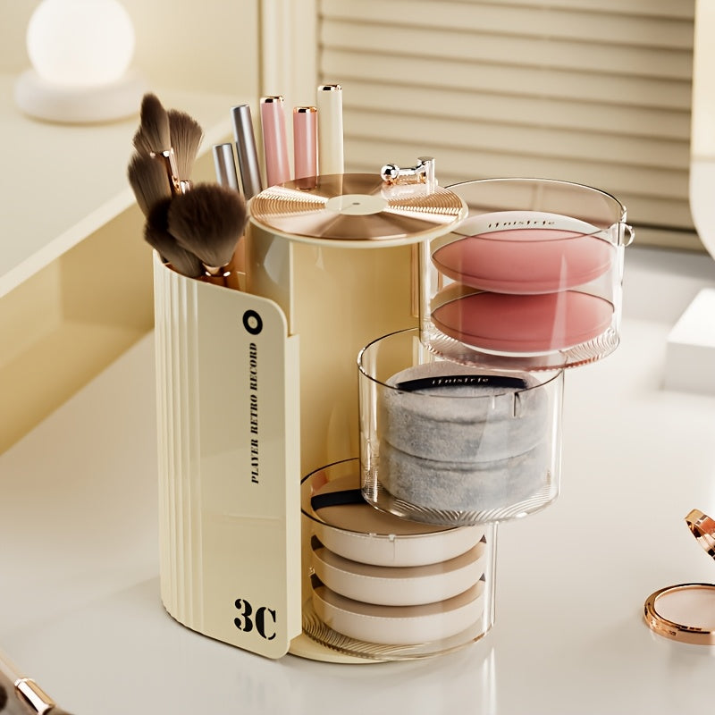 Luxury 3C Rotating Makeup Brush & Puff Storage Box - Dustproof Multi-Layer Design, Independent Smooth Surface Desk Organizer for Dressing Table, Bathroom, Office & Home Use, Countertop Mounting, No Electricity Needed, Countertop Organizer|Sleek