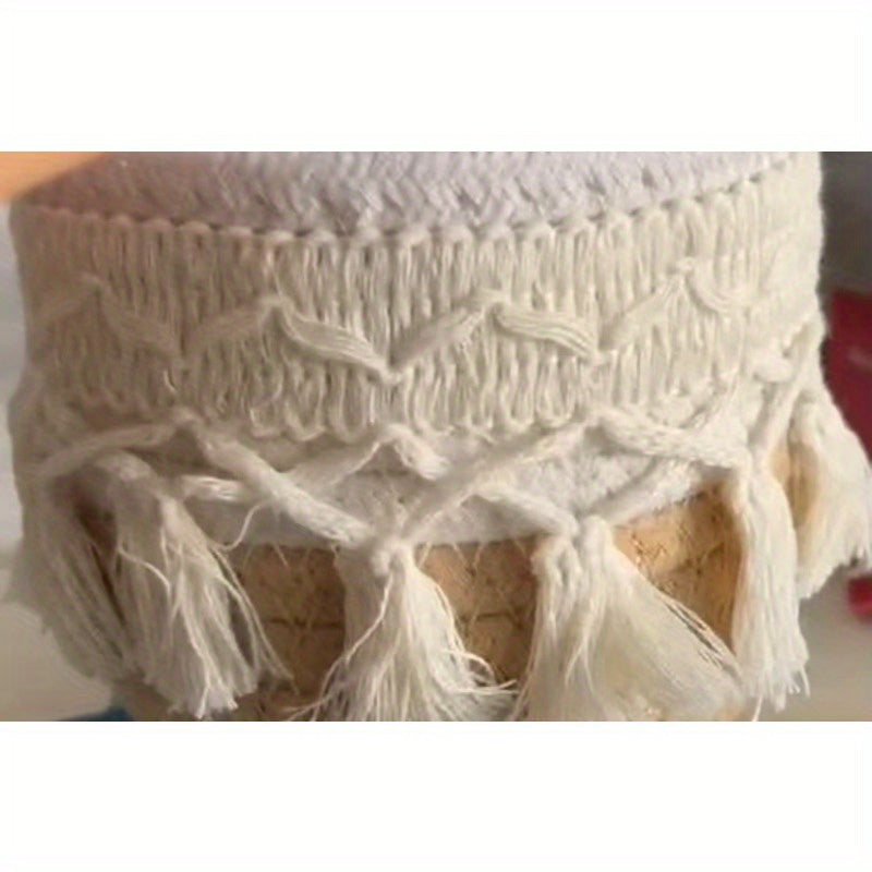 SENDPISTIL Vintage Round Woven Desktop Storage Basket with Fringe - Natural Fabric Makeup Brush Organizer for Vanity, Bathroom & Desk - Decorative Cosmetic Accessories Organizer, Shelf Baskets