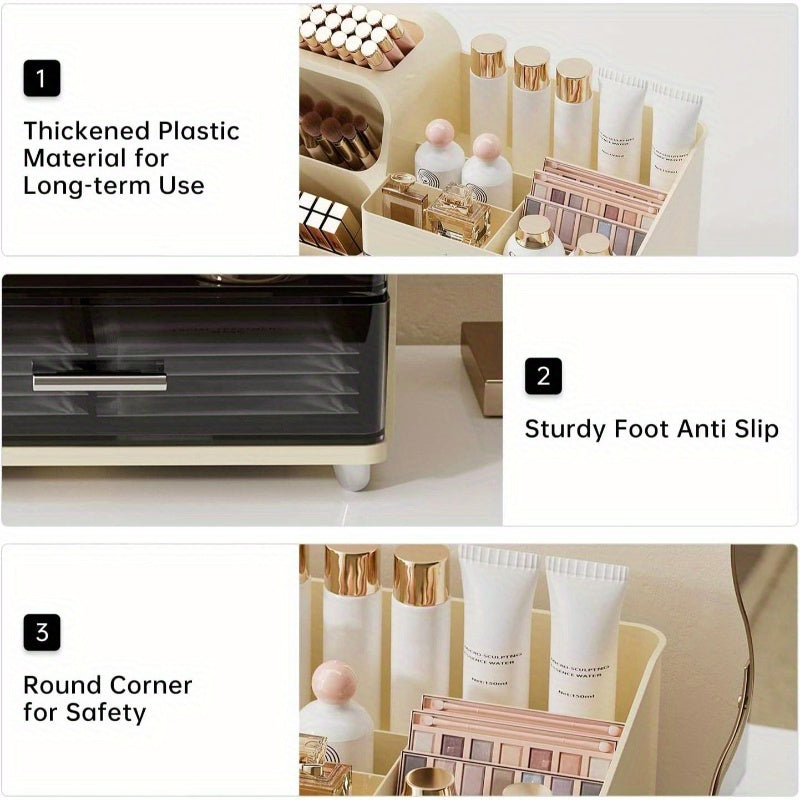 Makeup Organizer Vanity with Brush Holder, Countertop Organizer with 2 Drawers, Spacious Cosmetic Display Beauty Essential, Skincare, Lipstick, Makeup Organizer with Mirror, Cosmetics Storage Organizer, Makeup Storage Box, Makeup Organizers And Storage,