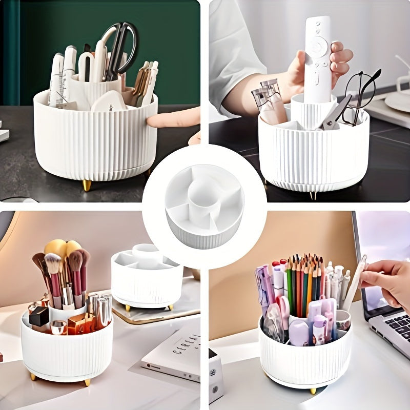 360-Degree Rotating Makeup Organizer with 5 Compartments - a Durable Plastic Storage Box for Brushes, Lipsticks, Skincare Products, And Stationery - a Multifunctional Desktop Organizer with a Protective Chrome Stand.