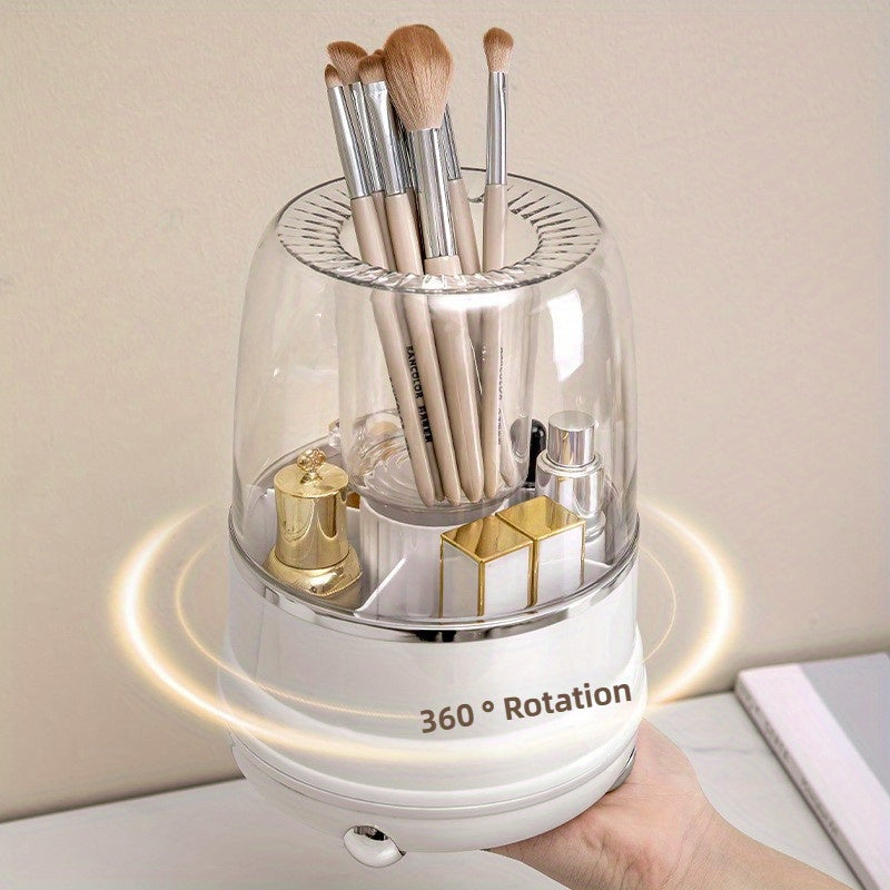 Premium Rotating Makeup Carousel - Crystal Clear Cosmetic Organizer with Sealed Cover | Precision Compartments for Brushes, Lipsticks & Brow Pencils, Luxe Vanity Centerpiece