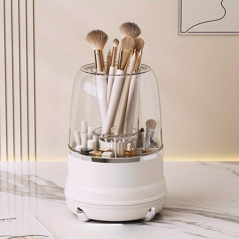Premium Rotating Makeup Carousel - Crystal Clear Cosmetic Organizer with Sealed Cover | Precision Compartments for Brushes, Lipsticks & Brow Pencils, Luxe Vanity Centerpiece