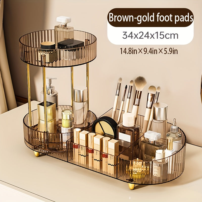 2-Layer Transparent Acrylic Makeup Storage Box with Transparent Golden (Silvery) Foot Pad, Makeup Storage Rack for Dressing Table to Store Skincare Products, Brushes, Perfume