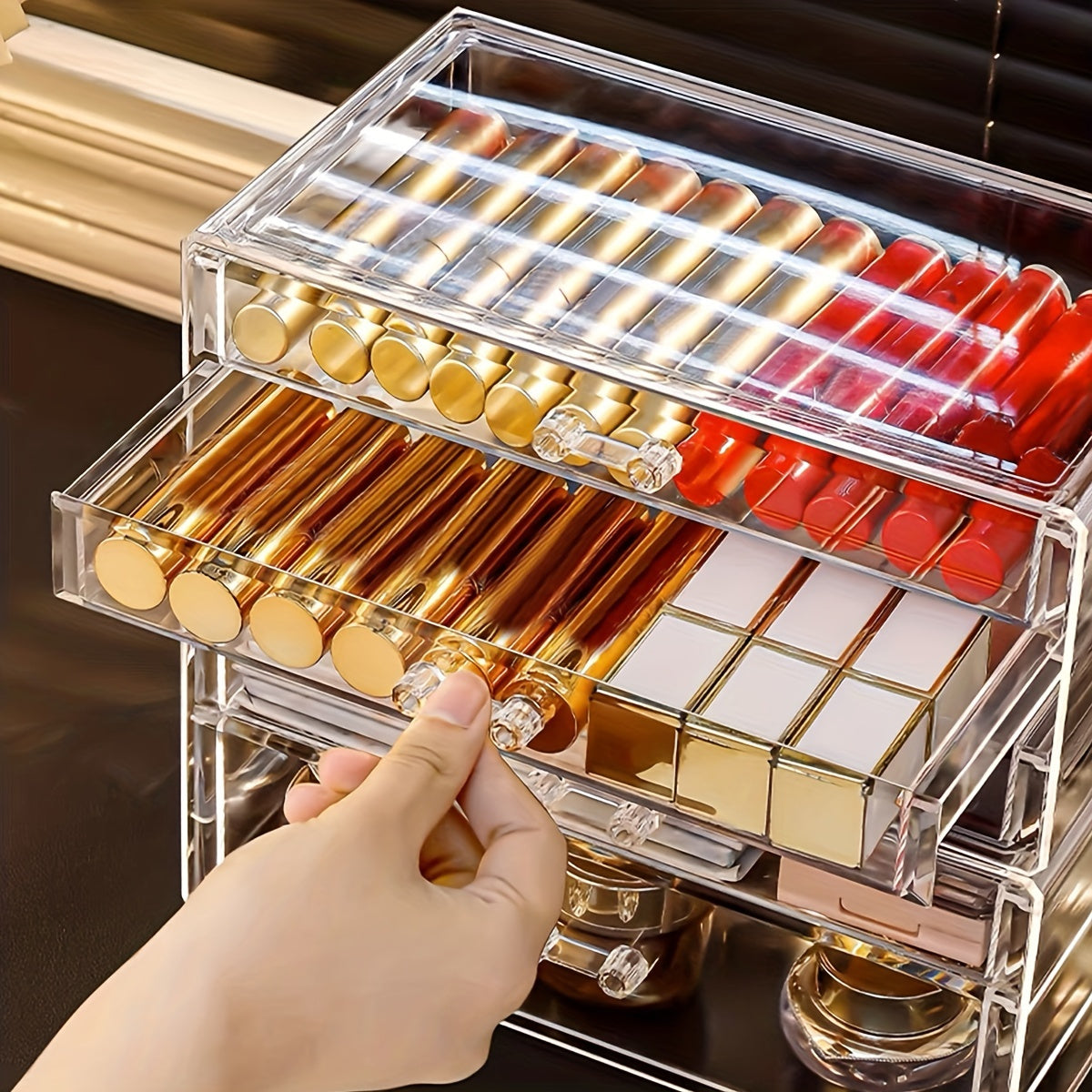1pc Multi-Layer Transparent Cosmetic & Jewelry Organizer - Waterproof Dustproof Plastic Storage Box with Compartments for Lipstick, Lip Gloss, Makeup Brushes, Vanity & Bathroom Counter Organization, Cosmetic Storage Organizer, Compact Design, Sturdy
