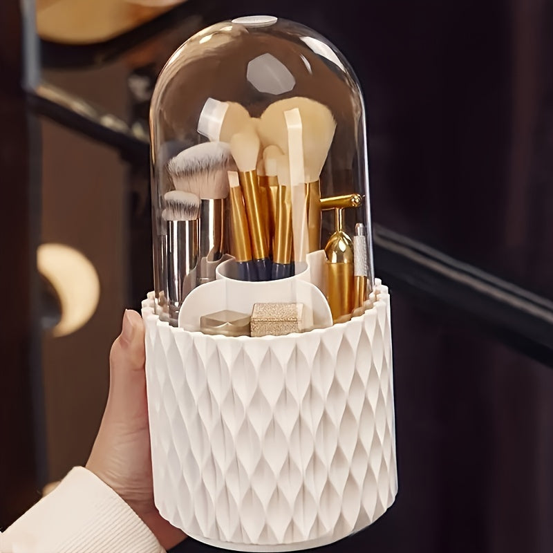 360° Rotating Makeup Brush Holder with Transparent Dome Lid - Dustproof & Waterproof White Hexagonal Organizer, Spacious Countertop Storage for Brushes & Skincare Products, Durable Plastic Vanity Organizer with 360° Spin, No Power Required, Bathroom &
