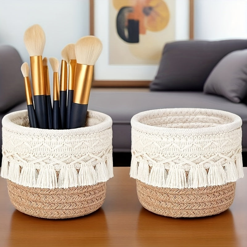 SENDPISTIL Vintage Round Woven Desktop Storage Basket with Fringe - Natural Fabric Makeup Brush Organizer for Vanity, Bathroom & Desk - Decorative Cosmetic Accessories Organizer, Shelf Baskets