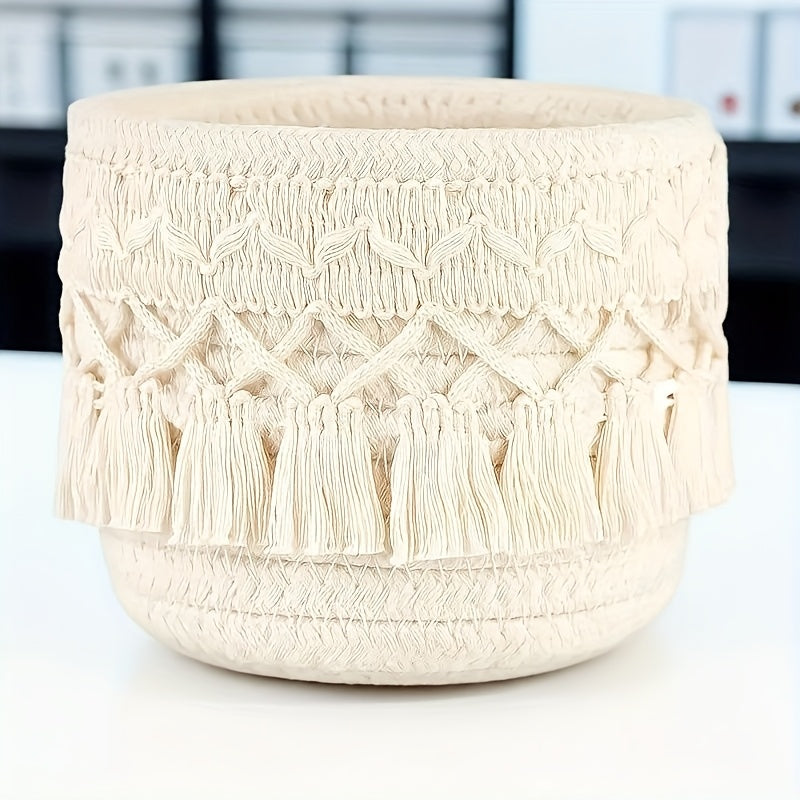 SENDPISTIL Vintage Round Woven Desktop Storage Basket with Fringe - Natural Fabric Makeup Brush Organizer for Vanity, Bathroom & Desk - Decorative Cosmetic Accessories Organizer, Shelf Baskets