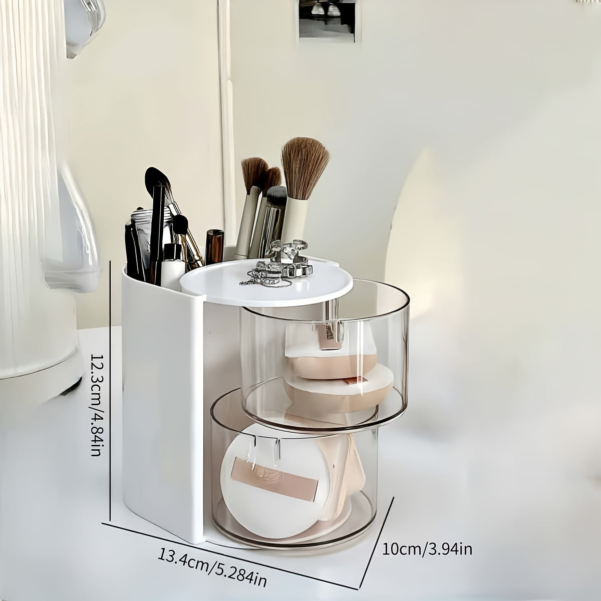 1pc Multi-Layer Rotating Makeup Organizer - White/Pink Cosmetic Storage Box with Drawers, Ideal for Powder, Eyeshadow, Makeup Brushes | Sleek Desktop Organizer for Home Decor, Vanity Display, Makeup Brushe, Desk & Drawer Organizer for Home Storage