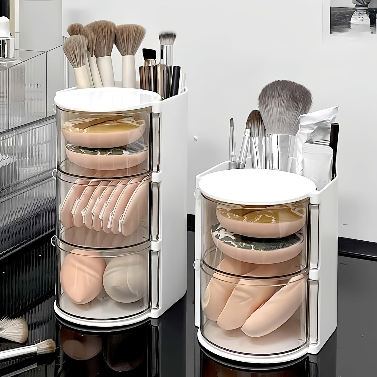 1pc Multi-Layer Rotating Makeup Organizer - White/Pink Cosmetic Storage Box with Drawers, Ideal for Powder, Eyeshadow, Makeup Brushes | Sleek Desktop Organizer for Home Decor, Vanity Display, Makeup Brushe, Desk & Drawer Organizer for Home Storage
