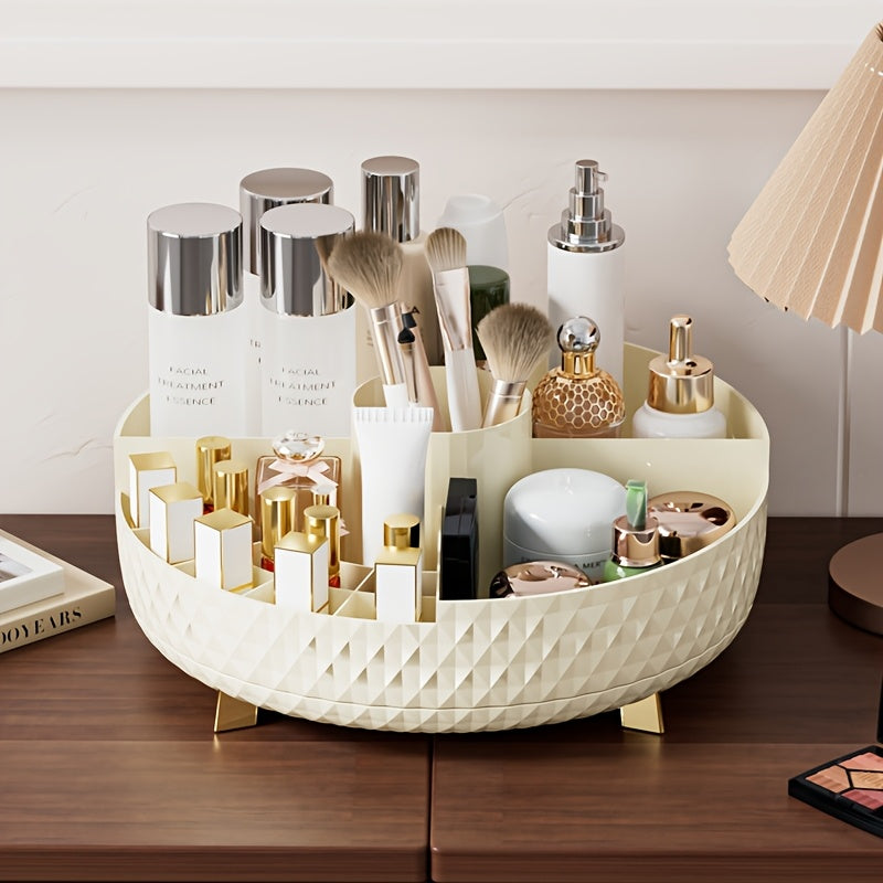 1pc High-End Rotating Makeup Organizer - 11.2" Diamond-Pattern Cosmetic Storage Container with Multiple Compartments, Durable Plastic Vanity Organizer for Lipstick, Skincare & Brushes, Freestanding Bathroom Countertop Display, Valentine's Day Gift,