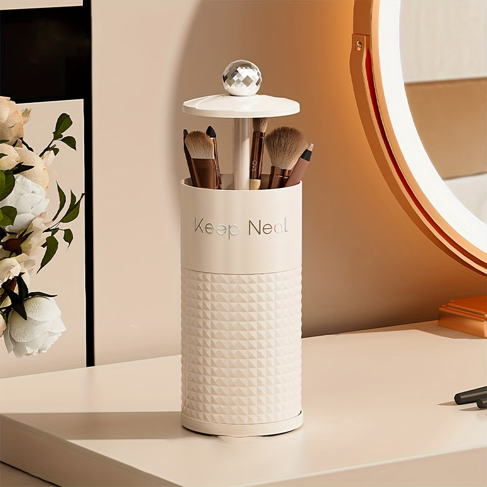 1pc Automatic Pop-Up Cosmetic Organizer with Dust-Proof Lid - Durable Plastic Makeup Brush Holder for Vanity & Bathroom Countertop, Black & White Brush Storage Tubes, No Power Needed, Makeup Vanity Desk, Sleek Design, Sturdy Construction, Beauty