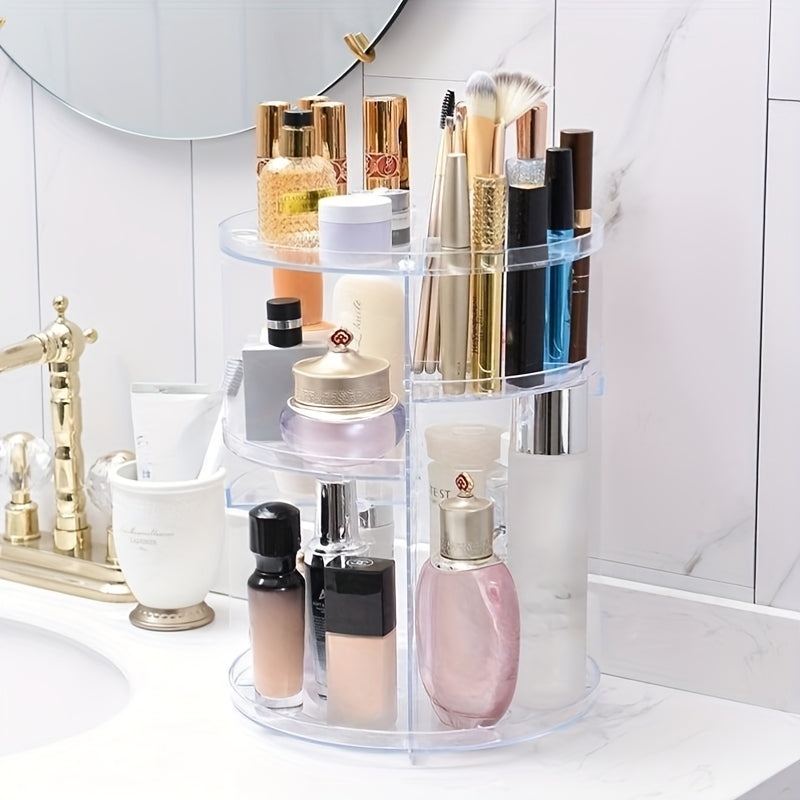 360° Rotating Makeup Organizer - Transparent Vanity Shelf with Multi-Tiered Compartments, Space-Saving Cosmetic Storage for Bathroom, Desk, Dressing Table - Heavy-Duty Plastic Construction, Easy-Clean Vanity Tray, Makeup Vanity Desk, Sleek Beauty Holder,