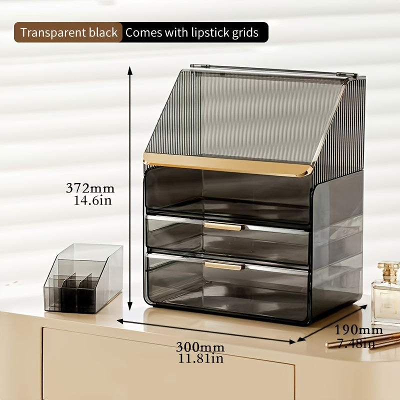1pc Large Capacity Clear Cosmetic & Perfume Organizer - Transparent Makeup Brush Holder with Multiple Compartments, Lightweight Polished Bathroom Countertop Storage Box for Women & Men, No Assembly Needed
